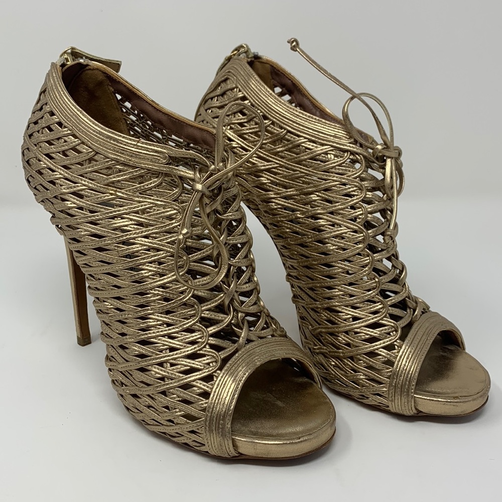 Gold Tabitha Simmons open toe zipper back heels